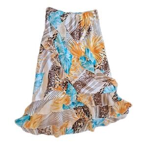 Russell Kemp Maxi Skirt 12 Tropical Print 100% Silk Ruffled Elastic Waist Lined